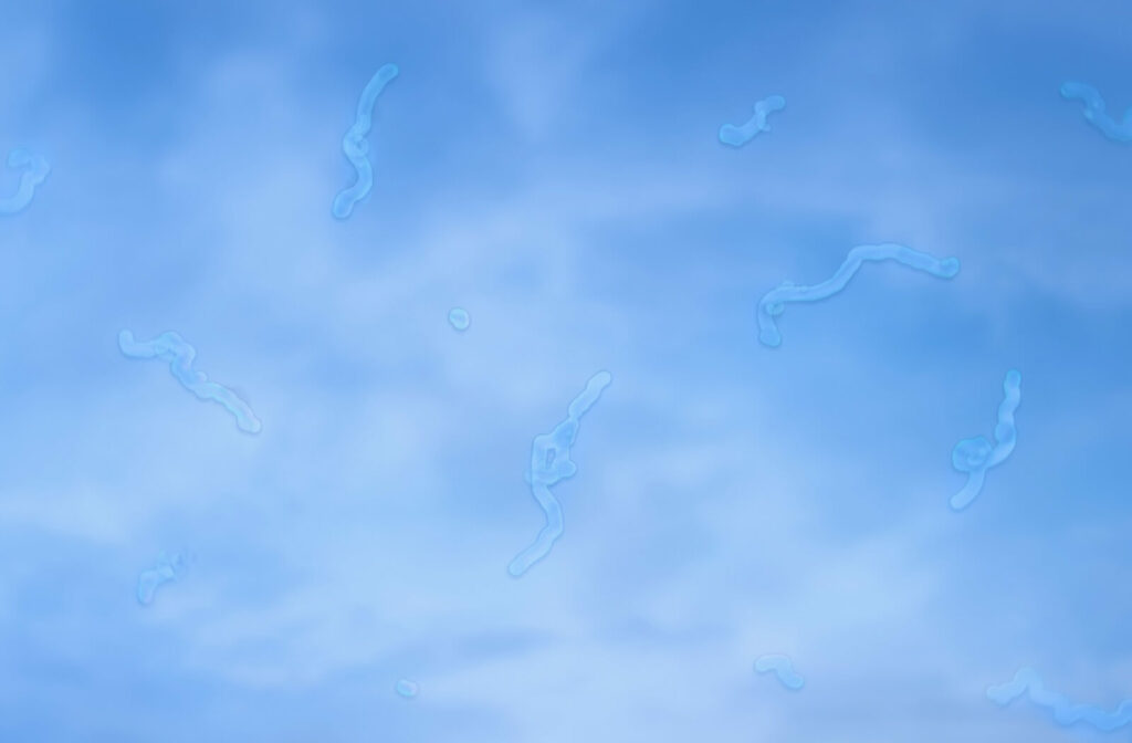 An image of a blue sky with several eye floaters scattered throughout.