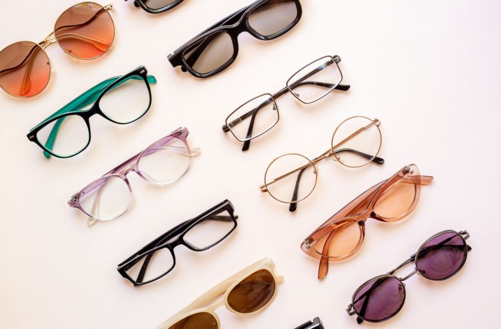 Multiple pairs of trendy glasses lined up showcasing the latest styles in 2026