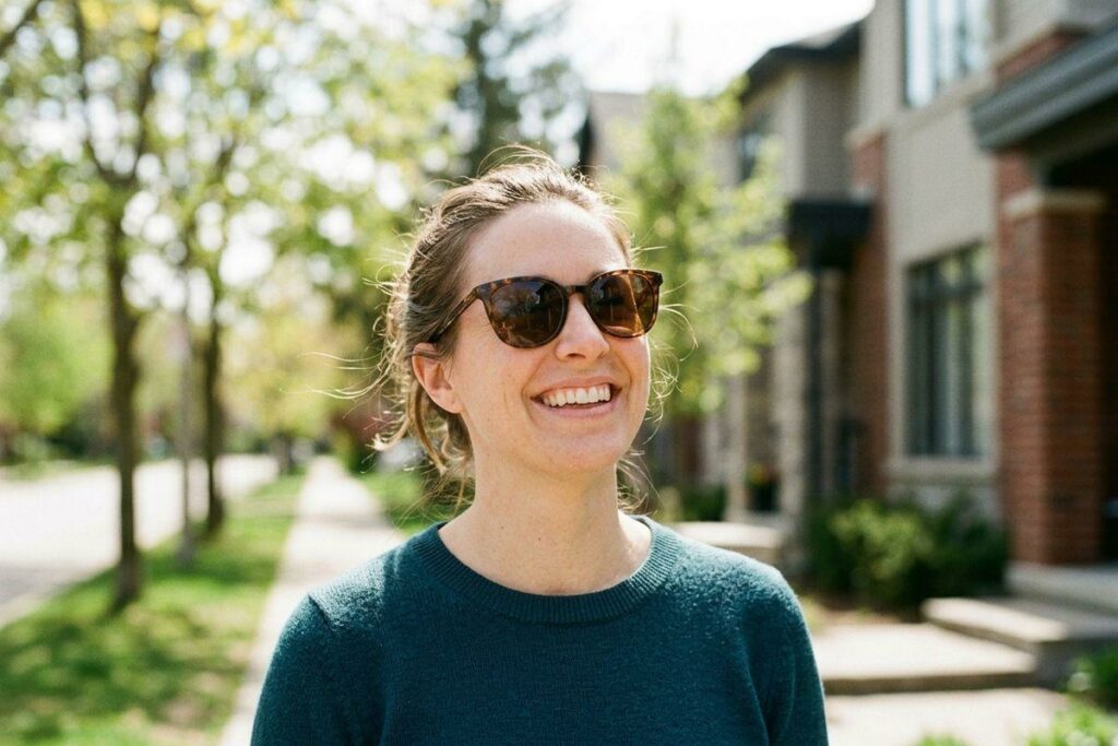 Smiling adult wearing tortoiseshell sunglasses and a teal sweater, standing outdoors on a tree-lined residential street.