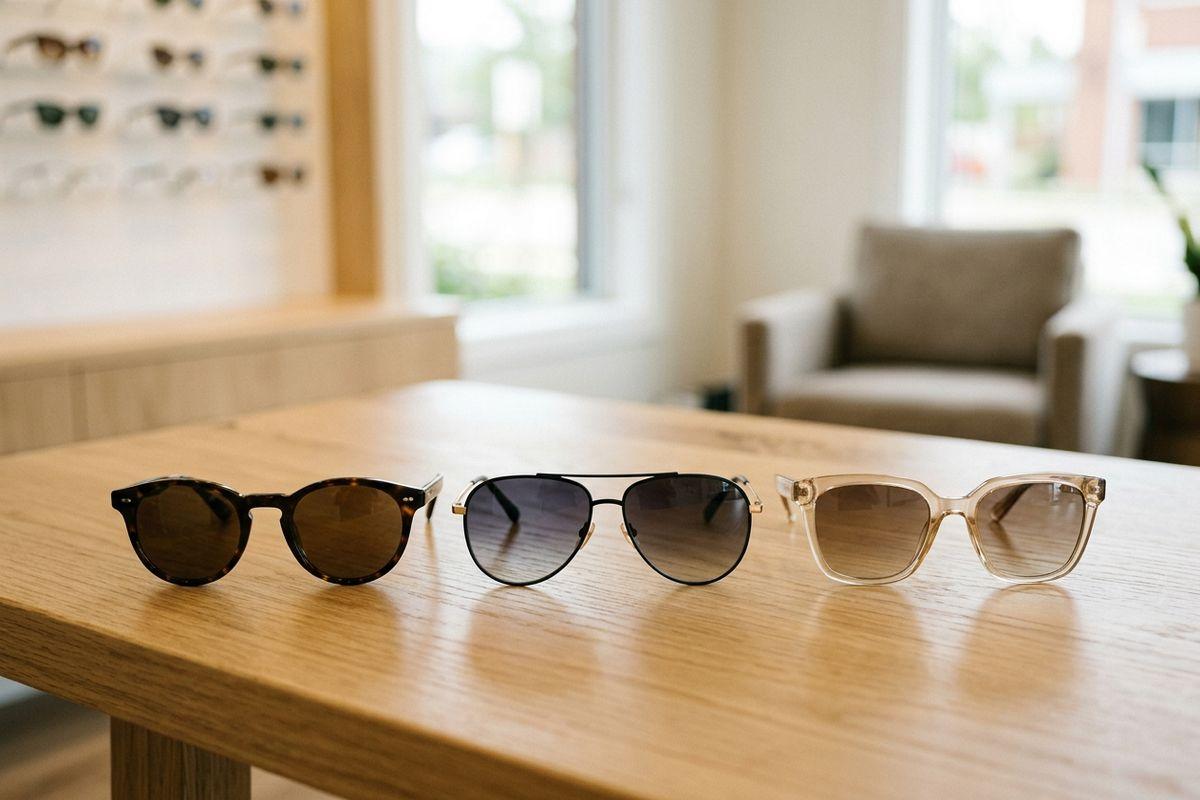 Three pairs of sunglasses on a wooden table in an optical shop: round tortoiseshell, black aviator, and clear square frames.