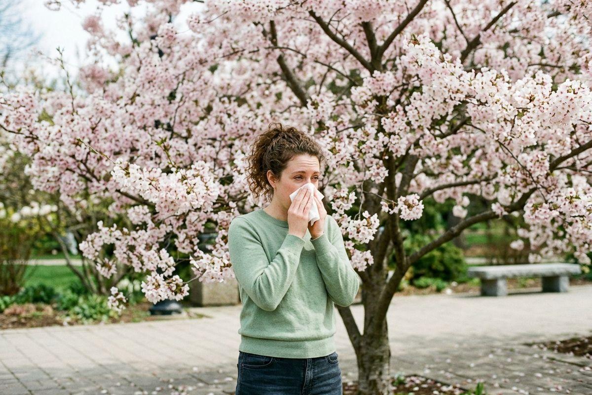 Adult blowing their nose with a tissue while standing in front of a pink blossoming tree in a park.