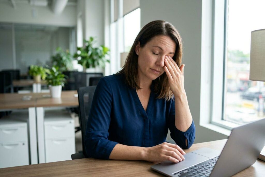 Adult sitting at an office desk with a laptop, rubbing one eye with eyes closed, appearing fatigued.