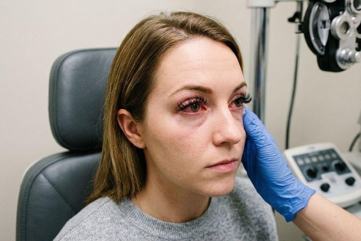 Adult seated in an eye exam chair with visibly red eyes while a gloved hand touches the side of their face near the eye.