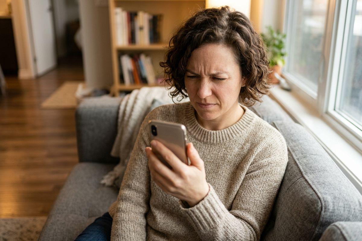 Adult sitting on a sofa at home, looking at a smartphone with a concerned, frowning expression.