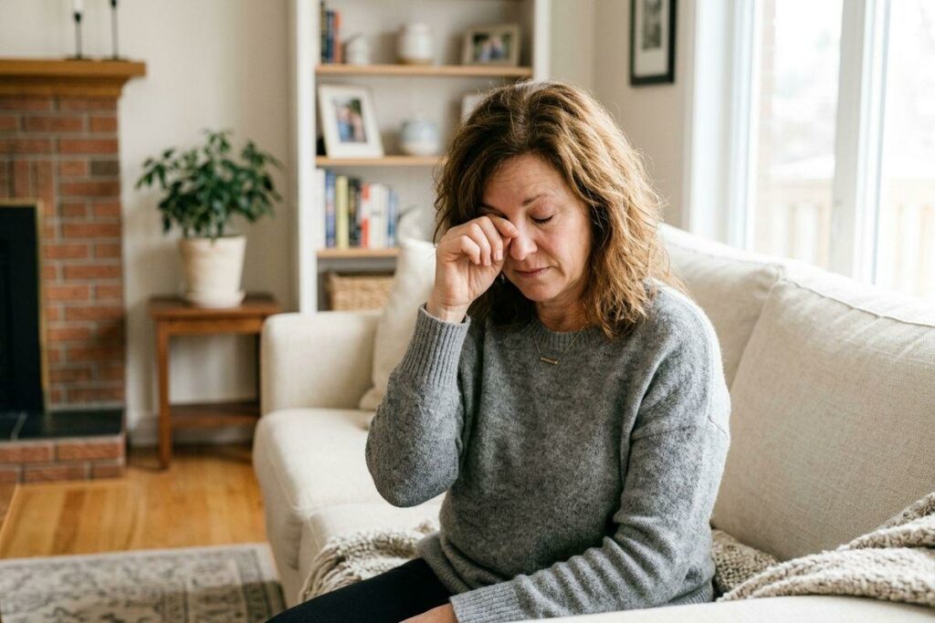 Adult sitting on a sofa in a living room, rubbing one eye with a hand.