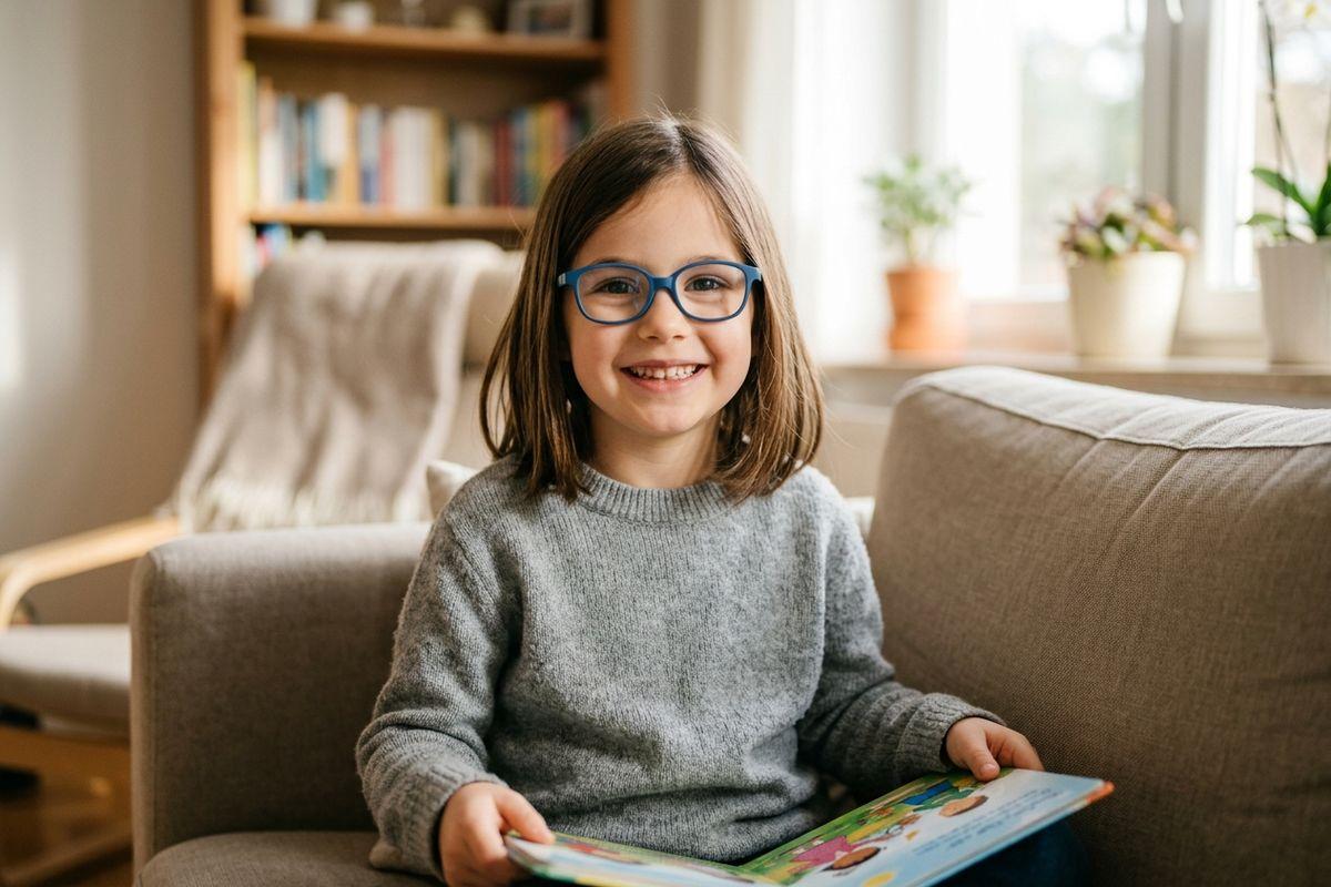 Smiling child wearing blue glasses sits on a sofa holding an open picture book, in a living room with a bookshelf and window behind them.