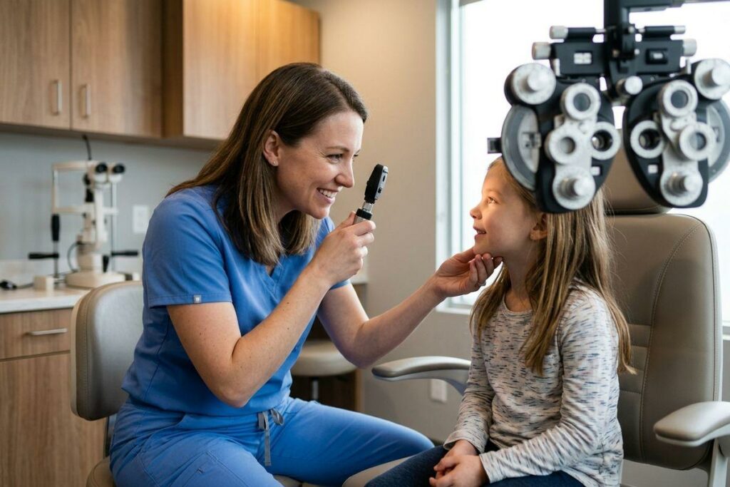 Smiling optometrist holds an ophthalmoscope toward a child seated in an exam chair beside a phoropter in an eye clinic.