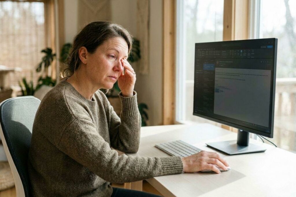 Adult at a desk rubbing one eye while using a computer mouse, looking tired, in a bright room with a window and plants