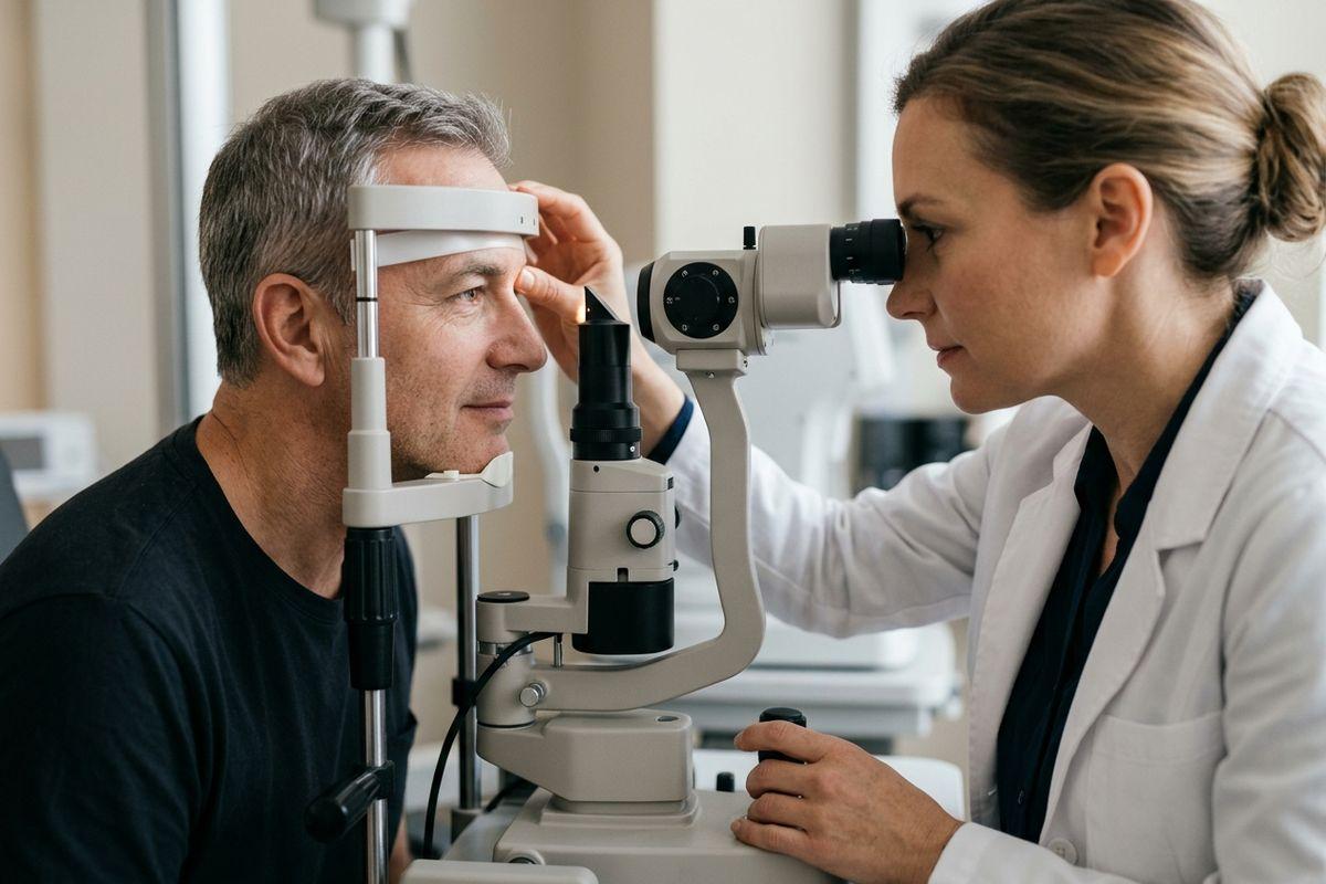 Focused optometrist uses a slit lamp to examine the eye of an adult patient resting their chin and forehead on the device in an eye exam room.